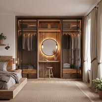 Closet de madeira com portas de vidro e penteadeira com espelho circular