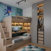 Quarto infantil com beliche em madeira, degraus e espaço de estudo
