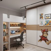 Quarto infantil com armário branco e madeira e bancada iluminada
