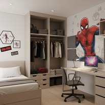 Quarto infantil temático com armário aberto e bancada de estudos